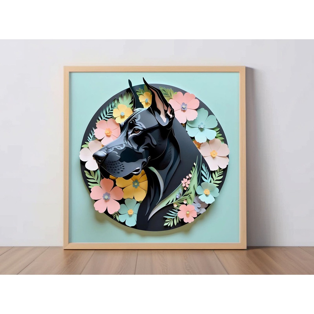 Great Dane Papercut Art: 12x12 Black Dane Dog Pet Portrait Digital Art Print